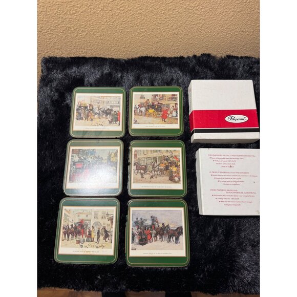 Set Of 6 Vintage Pimpernel  Cork Back Coasters Dickensian Scenes In Original Box - Picture 1 of 11
